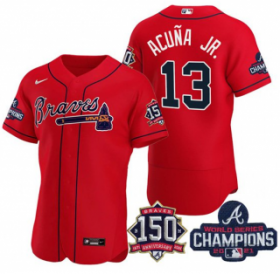 Wholesale Cheap Men\'s Red Atlanta Braves #13 Ronald Acuna Jr. 2021 World Series Champions With 150th Anniversary Flex Base Stitched Jersey