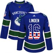 Wholesale Cheap Adidas Canucks #16 Trevor Linden Blue Home Authentic USA Flag Women's Stitched NHL Jersey