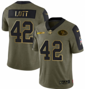 Wholesale Cheap Men's Olive San Francisco 49ers #42 Ronnie Lott 2021 Camo Salute To Service Golden Limited Stitched Jersey