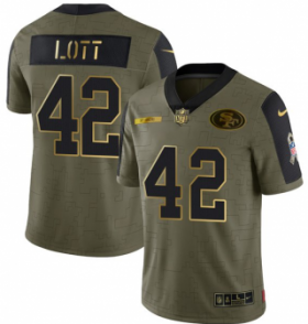 Wholesale Cheap Men\'s Olive San Francisco 49ers #42 Ronnie Lott 2021 Camo Salute To Service Golden Limited Stitched Jersey