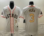 Cheap Men's Houston Astros #3 Jeremy Pena 2023 White Gold World Serise Champions Patch Cool Base Stitched Jersey1