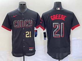 Wholesale Cheap Men\'s Cincinnati Reds #21 Hunter Greene Number Black 2023 City Connect Flex Base Stitched Jersey 1