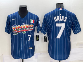 Wholesale Cheap Men\'s Los Angeles Dodgers #7 Julio Urias Number Rainbow Navy Blue Pinstripe Mexico Cool Base Nike Jersey