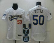 Wholesale Cheap Men's Los Angeles Dodgers #50 Mookie Betts White Gold #2 #20 Patch Flex Base Sttiched MLB Jersey
