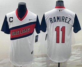 Wholesale Cheap Men\'s Cleveland Indians #11 Jose Ramirez White 2021 Little League Classic Stitched Nike Jersey