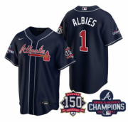 Wholesale Cheap Men's Navy Atlanta Braves #1 Ozzie Albies 2021 World Series Champions With 150th Anniversary Patch Cool Base Stitched Jersey