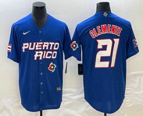 Cheap Men\'s Puerto Rico Baseball #21 Roberto Clemente 2023 Blue World Classic Stitched Jersey