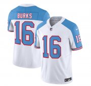 Wholesale Cheap Men's Tennessee Titans #16 Treylon Burks White Blue 2023 F.U.S.E. Vapor Limited Throwback Football Stitched Jersey