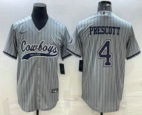 Wholesale Cheap Men\'s Dallas Cowboys #4 Dak Prescott Grey Pinstripe With Patch Cool Base Stitched Baseball Jersey