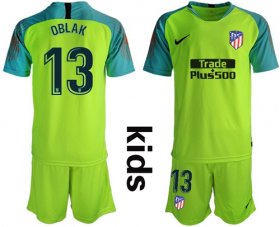 Wholesale Cheap Atletico Madrid #13 Oblak Shiny Green Goalkeeper Kid Soccer Club Jersey