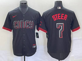 Wholesale Cheap Men\'s Cincinnati Reds #7 Spencer Steer Black 2023 City Connect Cool Base Stitched Baseball Jersey 1