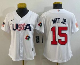Cheap Women\'s USA Baseball #15 Bobby Witt Jr 2023 White World Classic Replica Stitched Jersey