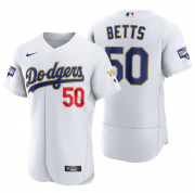 Wholesale Cheap Men's Los Angeles Dodgers #50 Mookie Betts White Gold Championship Flex Base Sttiched MLB Jersey