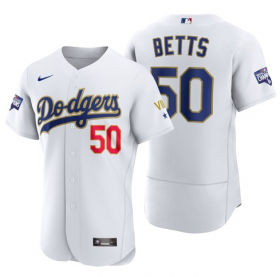 Wholesale Cheap Men\'s Los Angeles Dodgers #50 Mookie Betts White Gold Championship Flex Base Sttiched MLB Jersey