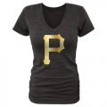 Wholesale Cheap Women's Pittsburgh Pirates Fanatics Apparel Gold Collection V-Neck Tri-Blend T-Shirt Black