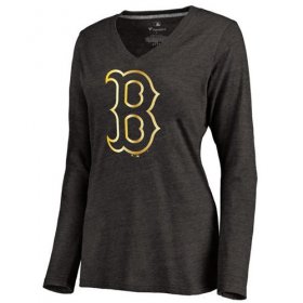 Wholesale Cheap Women\'s Boston Red Sox Gold Collection Long Sleeve V-Neck Tri-Blend T-Shirt Black