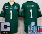 Cheap Youth Philadelphia Eagles #1 Jalen Hurts Limited Green C Patch Super Bowl LVII Vapor Jersey