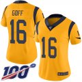 Wholesale Cheap Nike Rams #16 Jared Goff Gold Women's Stitched NFL Limited Rush 100th Season Jersey