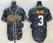 Cheap Men's Pittsburgh Steelers #3 Russell Wilson Camo With Patch Cool Base Stitched Baseball Jersey