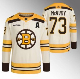 Cheap Men\'s Boston Bruins #73 Charlie McAvoy Cream With Rapid7 Patch 100th Anniversary Stitched Jersey