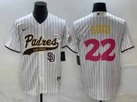 Wholesale Cheap Men\'s San Diego Padres #22 Juan Soto White Pinstripe 2023 City Connect Cool Base Stitched Jersey 1