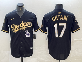 Cheap Men\'s Los Angeles Dodgers #17 Shohei Ohtani Black Gold Stitched Cool Base Nike Jersey