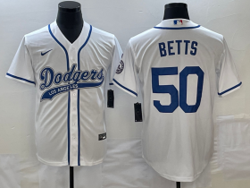 Wholesale Cheap Men\'s Los Angeles Dodgers #50 Mookie Betts White With Patch Cool Base Stitched Baseball Jersey