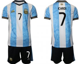 Cheap Men\'s Argentina #7 Icardi White Blue Home Soccer Jersey Suit