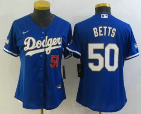 Wholesale Cheap Women\'s Los Angeles Dodgers #50 Mookie Betts Red Number Blue Gold Championship Stitched MLB Cool Base Nike Jersey