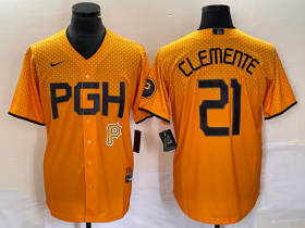 Wholesale Cheap Men\'s Pittsburgh Pirates #21 Roberto Clemente Gold 2023 City Connect Stitched Jersey 1