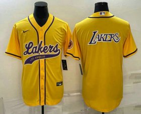 Cheap Men\'s Los Angeles Lakers Yellow Big Logo Cool Base Stitched Baseball Jerseys