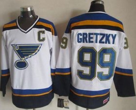 Wholesale Cheap Blues #99 Wayne Gretzky White/Navy CCM Throwback Stitched NHL Jersey