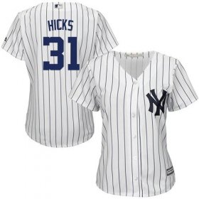 Wholesale Cheap Yankees #31 Aaron Hicks White Strip Home Women\'s Stitched MLB Jersey