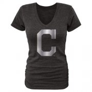 Wholesale Cheap Women's Cleveland Indians Fanatics Apparel Platinum Collection V-Neck Tri-Blend T-Shirt Black