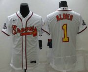 Wholesale Cheap Men's Atlanta Braves #1 Ozzie Albies White Gold 2021 World Series Champions Stitched MLB Flex Base Jersey