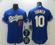 Wholesale Cheap Men's Los Angeles Dodgers #10 Justin Turner Blue Gold #2 #20 Patch Stitched MLB Flex Base Nike Jersey