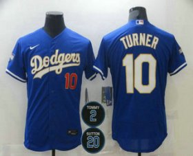 Wholesale Cheap Men\'s Los Angeles Dodgers #10 Justin Turner Blue Gold #2 #20 Patch Stitched MLB Flex Base Nike Jersey