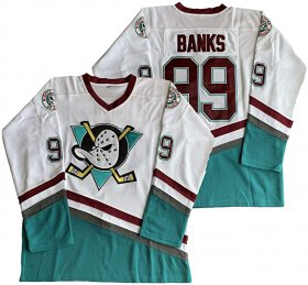 Wholesale Cheap Men\'s Anaheim Ducks #99 Adam Banks Mighty Ducks 1995-96 Mighty Movie White Green Jersey