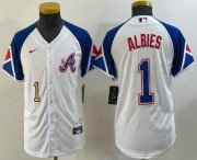 Wholesale Cheap Youth Atlanta Braves #1 Ozzie Albies Number White 2023 City Connect Cool Base Stitched Jersey