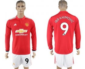 Wholesale Cheap Manchester United #9 Ibrahimovic Red Home Long Sleeves Soccer Club Jersey