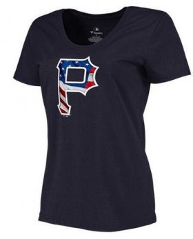 Wholesale Cheap Women\'s Pittsburgh Pirates USA Flag Fashion T-Shirt Navy Blue