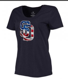 Wholesale Cheap Women\'s San Diego Padres USA Flag Fashion T-Shirt Navy Blue