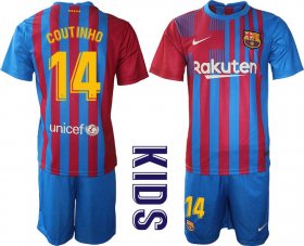 Wholesale Cheap Youth 2021-2022 Club Barcelona home blue 14 Nike Soccer Jersey