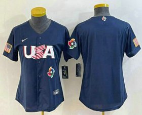 Cheap Women\'s USA Baseball Blank 2023 Navy World Classic Stitched Jerseys