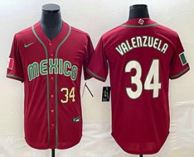Cheap Men\'s Mexico Baseball #34 Fernando Valenzuela Number 2023 Red Blue World Baseball Classic Stitched Jerseys