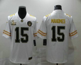 Wholesale Cheap Men\'s Kansas City Chiefs #15 Patrick Mahomes White Super Bowl LIV Golden Edition Jersey