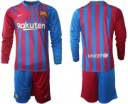Wholesale Cheap Men 2021-2022 Club Barcelona home red blue Long Sleeve blank Nike Soccer Jersey