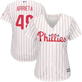 Wholesale Cheap Phillies #49 Jake Arrieta White(Red Strip) Home Women\'s Stitched MLB Jersey