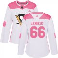 Wholesale Cheap Adidas Penguins #66 Mario Lemieux White/Pink Authentic Fashion Women's Stitched NHL Jersey