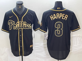 Cheap Men\'s Philadelphia Phillies #3 Bryce Harper Black Gold Cool Base Stitched Baseball Jersey